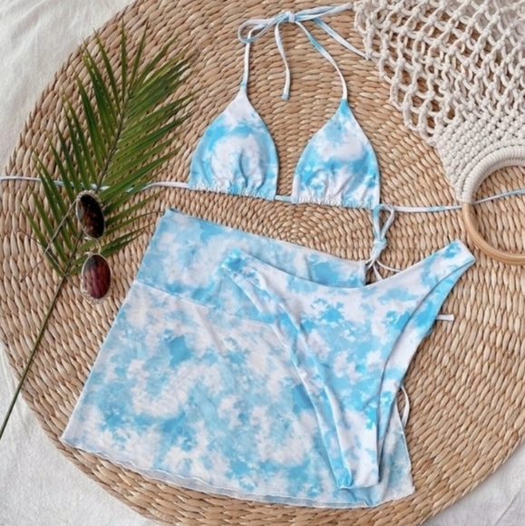 Triangle Tie Dye 3 Piece Bikini Set with Skirt Swimsuit - Picture 2 of 7